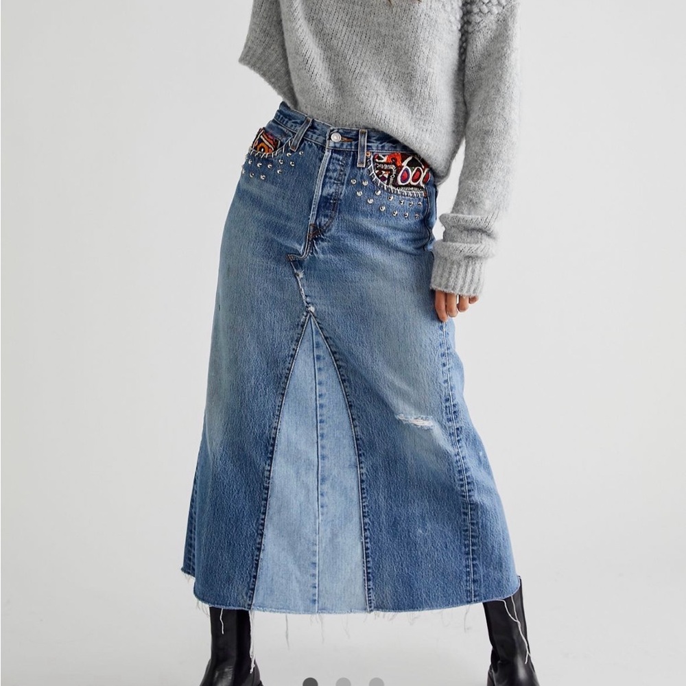 ❤️VERY RARE Tricia Fix free people Blue Patchwork Denim Maxi Skirt with Studs
